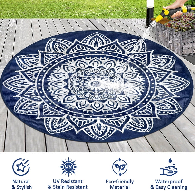 Aonewoe Round Outdoor Rugs 8Ft Waterproof Patio Plastic Straw Rug Reversible Camping Carpet Indoor Outdoor Area Rug for Patio,Deck,Balcony,Picnic,Beach,Outside