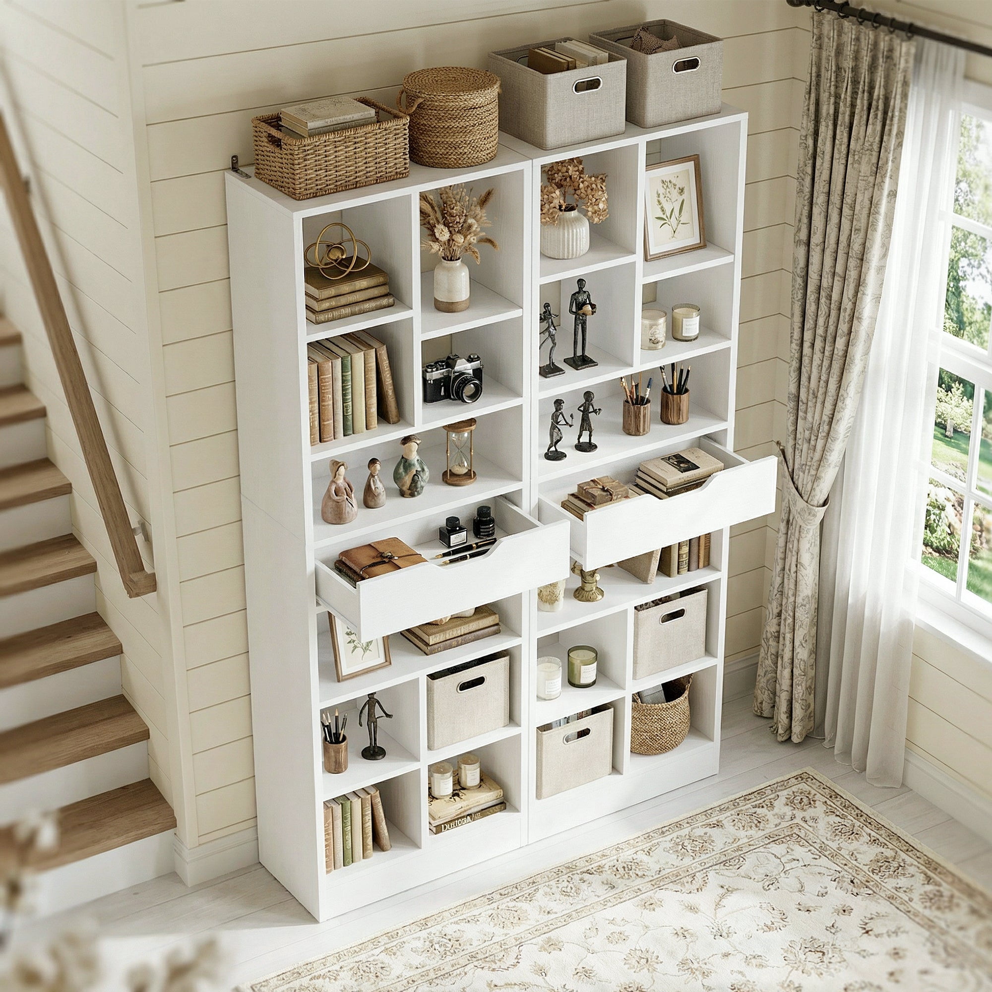 Homieasy 73.6''Tall 10-Cube Bookcase with Drawer and Adjustable Shelves(2-Piece Set), White