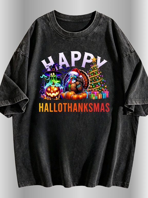 mens casual streetwear black washed t shirt pumpkin turkey christmas tree graphic vintage retro artistic holiday celebration theme oversized heavyweight tee for autu