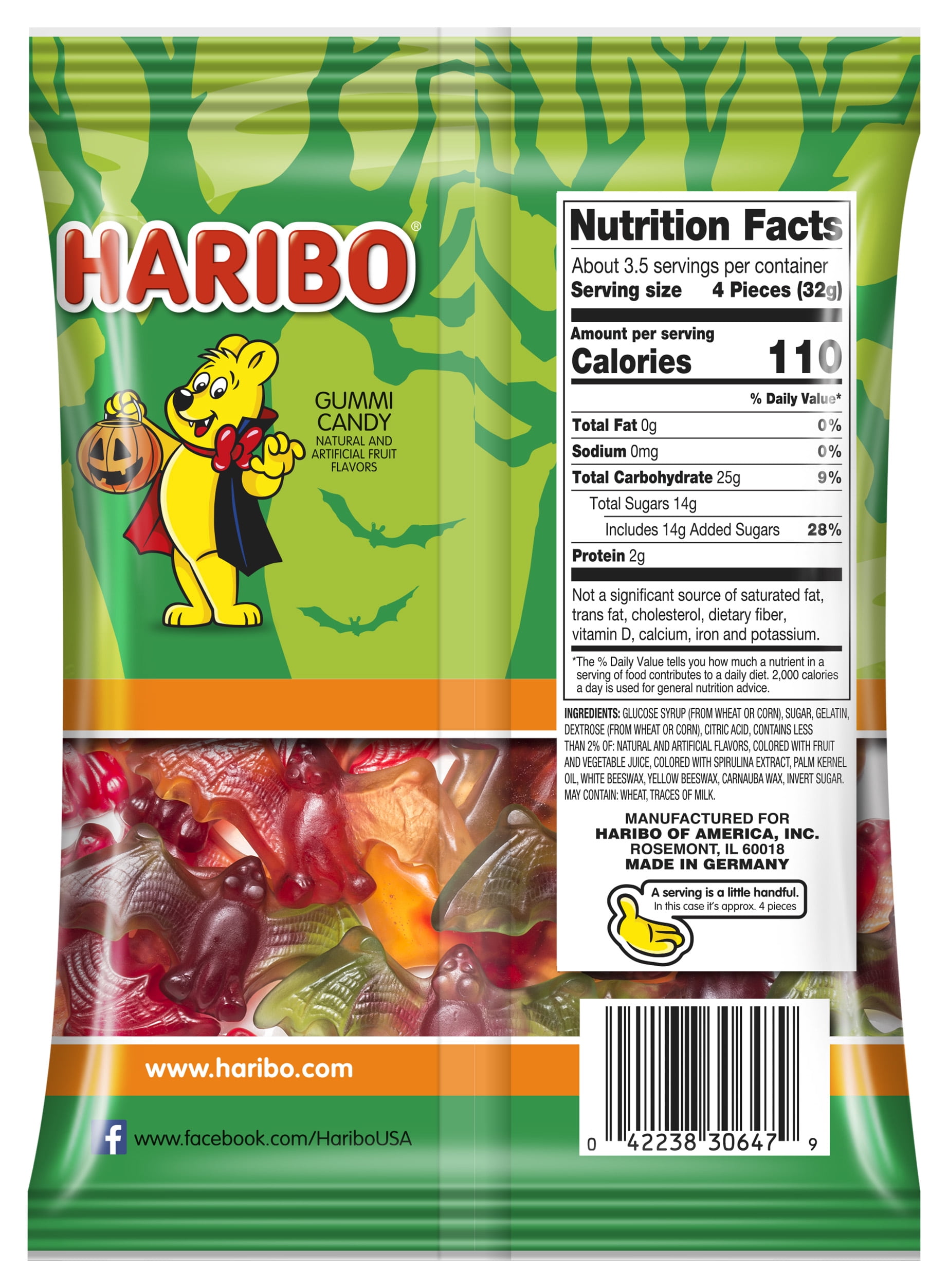 (4 pack) HARIBO Sour Bats Halloween Edition Gummies Bat Shaped Sour Gummy Candy, 4oz, Share Size Peg Bag
