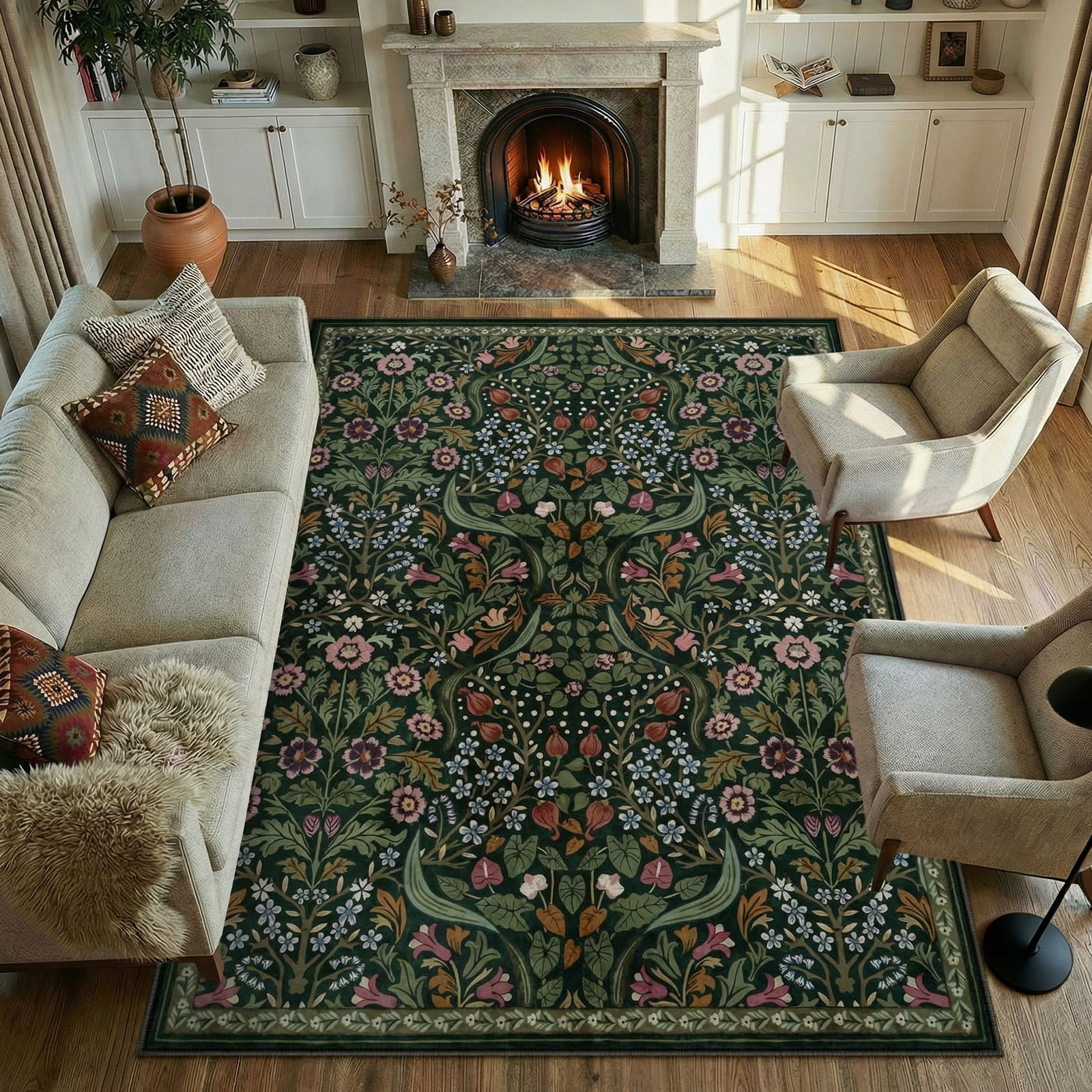 Lahome Floral Washable 8'x10' Rug, Large Rugs for Living Room, Green Soft 8 x 10 Boho Bedroom Rugs, Non Slip Botanical Ultra Thin Floor Carpet for Dining Room Nursery, Green