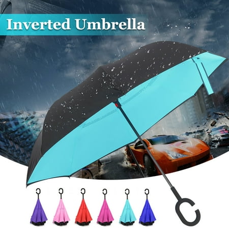 HALLOLURE 190T Double-Layer Reverse/Inverted Auto Open Umbrella Waterproof UV Protection W/ C-Shape Handle for Car Rain Outdoor Inside-Out Folding Straight Umbrella