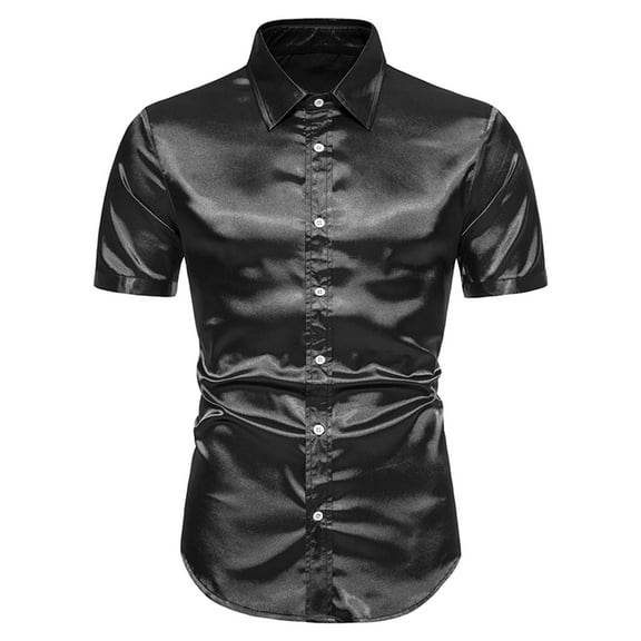 SWSMCLT Men's Button Down Shirt Short Sleeve Summer Casual Cool Button Satin Top Fitted Shirt Soft Fashion Black Large