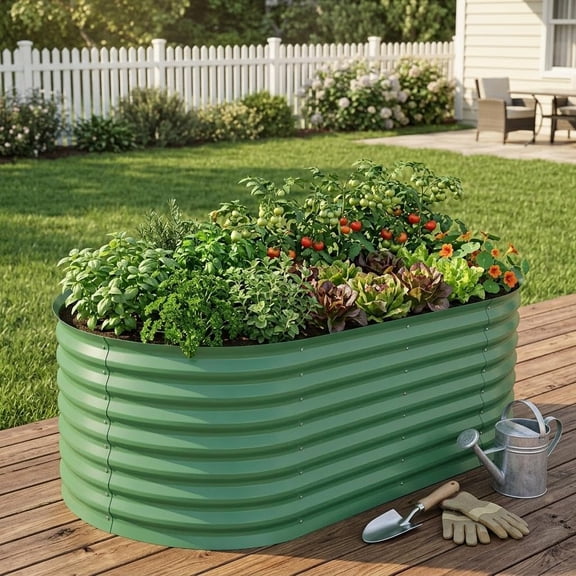 8x4x2 ft Galvanized Raised Garden Bed, 24" Tall Oval Metal Planter Box for Vegetables, Bottomless Rustproof Outdoor Planter for Patio Backyard, Green