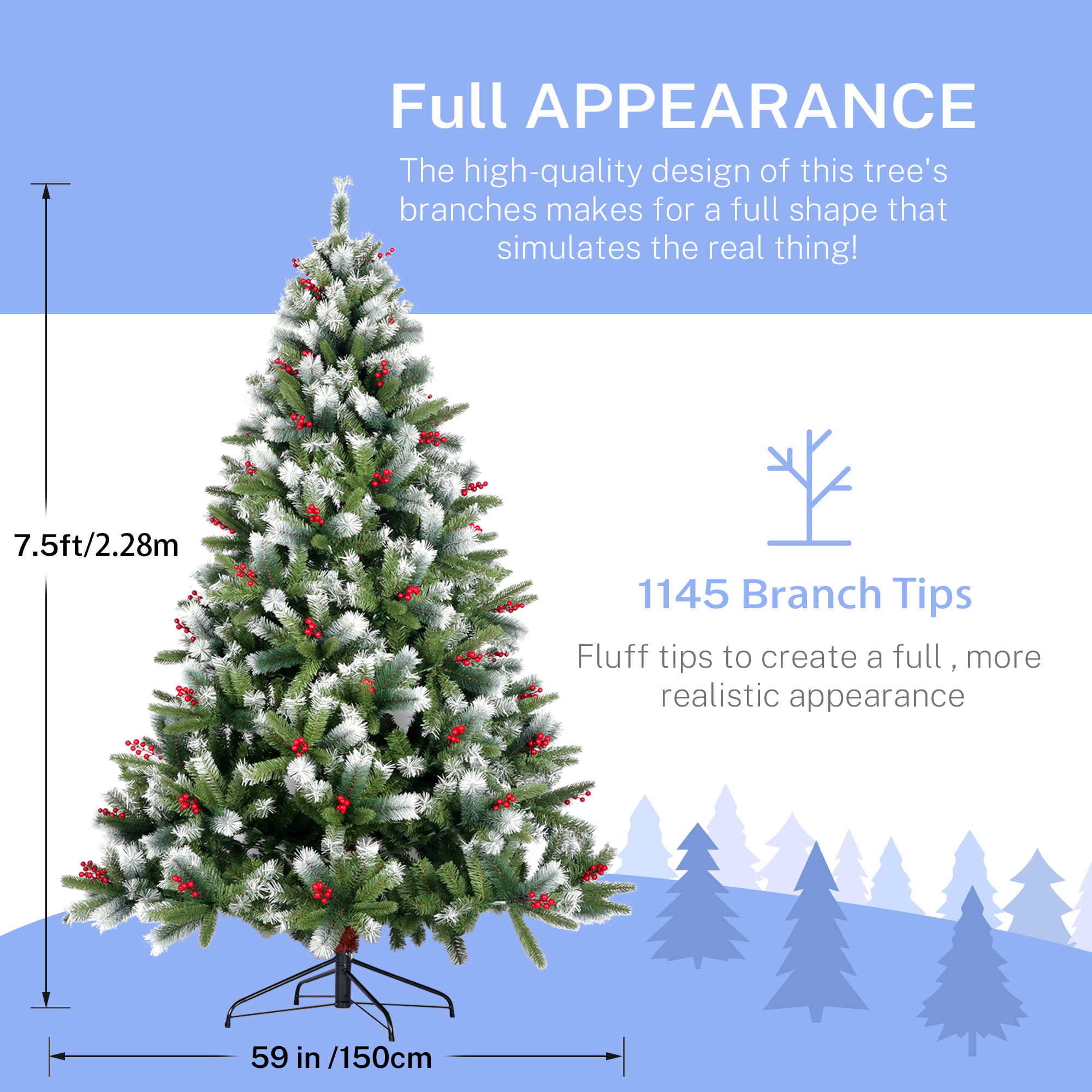 Btmway Christmas Trees, 7.5ft Artificial Christmas Tree with Lush 1145 Tips & Cones Red Berries, Christmas Decor Hinged Full Natural Spruce PVC Xmas