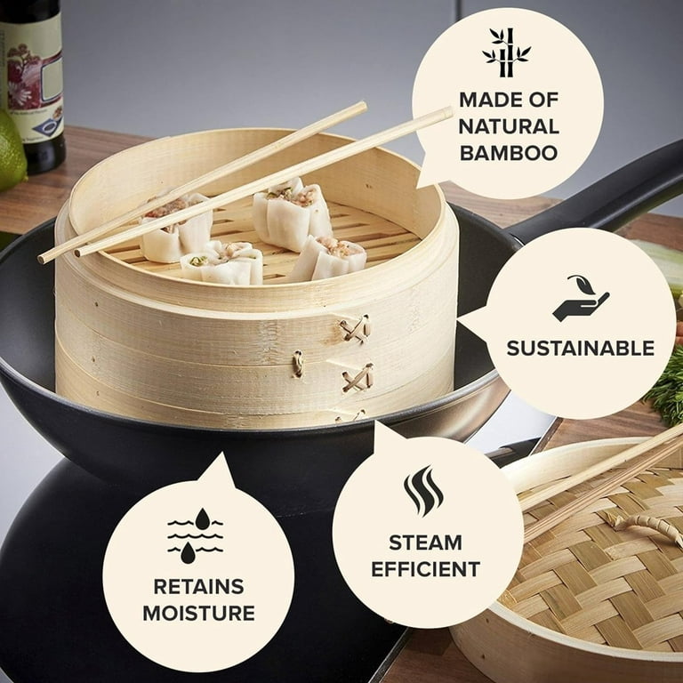 2-tier Bamboo Steamer Basket 10 Inch Food Steamer Pot With 2 Pairs of  Chopsticks, Tongs & 50 Paper Liners Wood Steamer for Cooking 