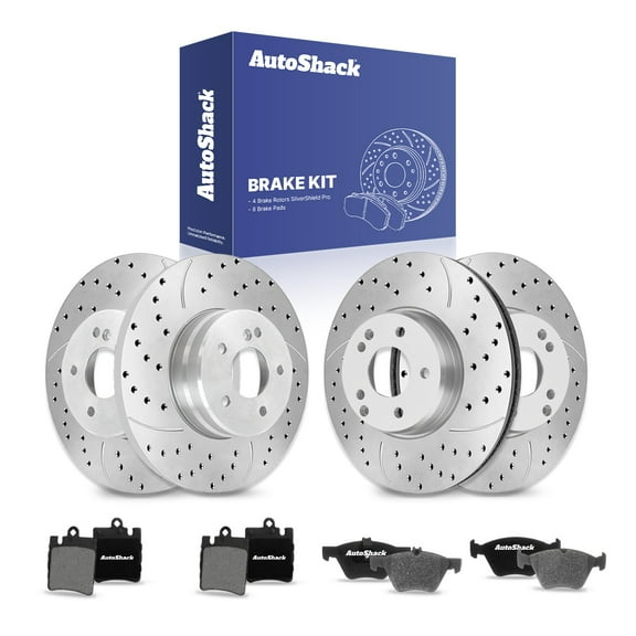 AutoShack Front Vented & Rear Solid Drilled & Slotted Silver Zinc Coated Brake Rotors   Ceramic Pads 12-PC Brake Kit Replacement for 1996-2002 Mercedes-Benz E320 SilverShield Pro