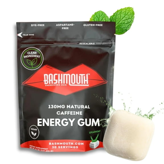 Bashmouth Natural Caffeine Gum For Energy & Focus 130 MG Per Piece | Performance, Natural Energy (30 Servings) Spearmint