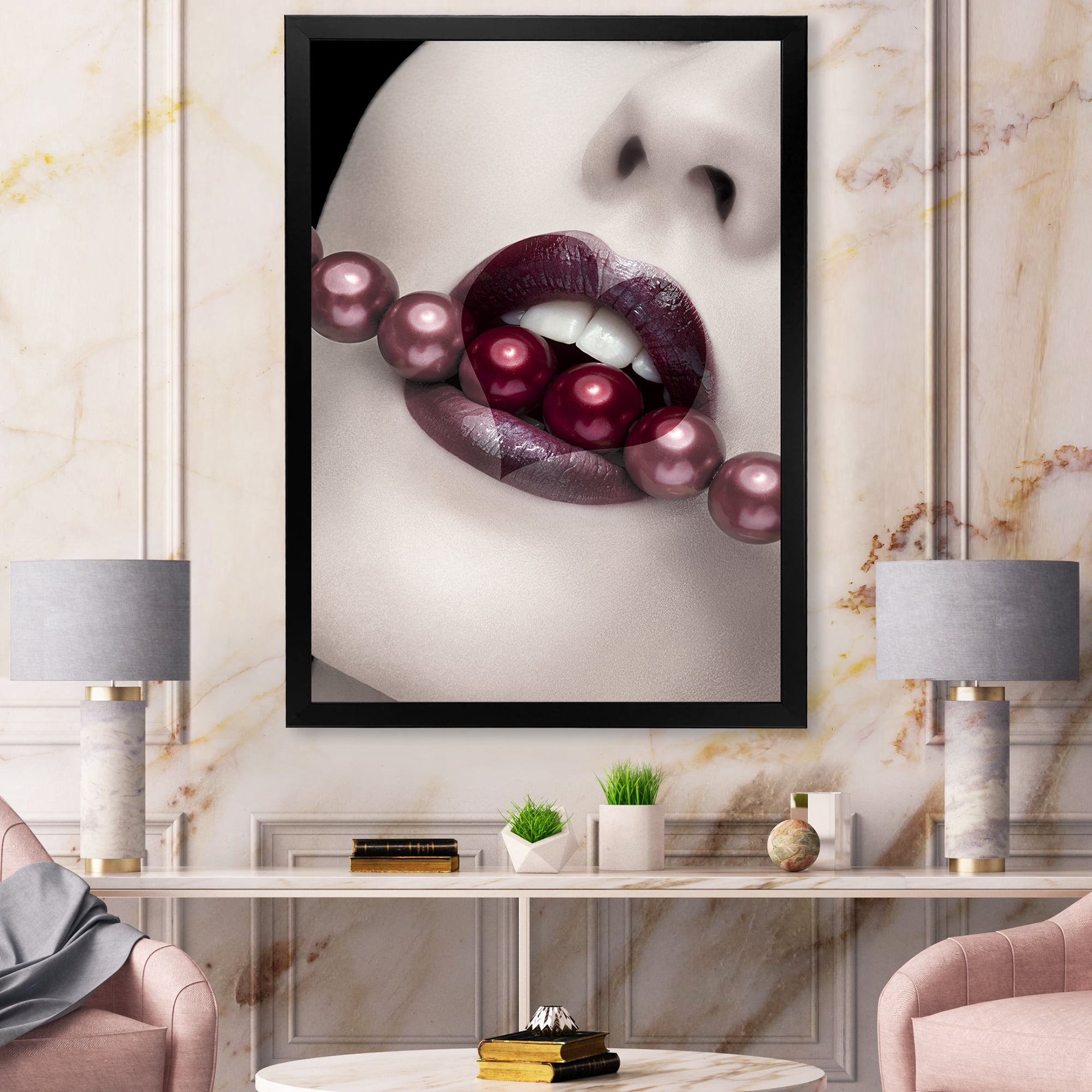 Designart 'Pearls Through Mouth With Heart Shape Lips' Modern Framed Art Print