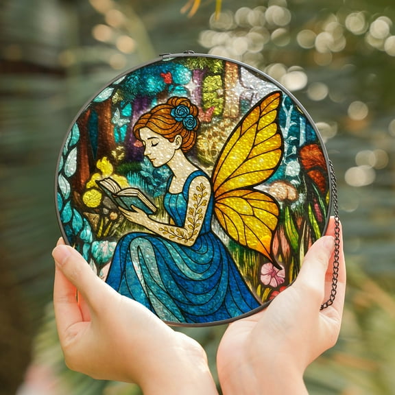 Lotusprinthandmade Butterfly Fairy Reading Book Stained Glass Suncatcher for Window Hanging Cir4in