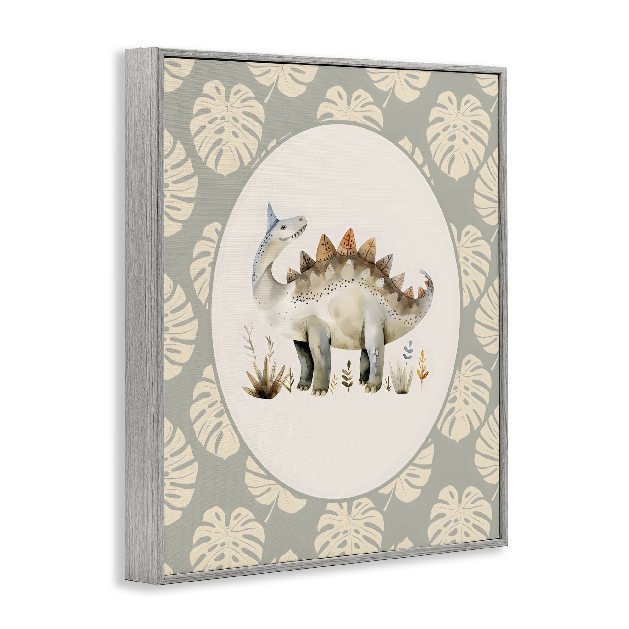 Stupell Industries Watercolor Dinosaur Monstera Border Gray Framed Giclee Art, design by LSR Design Studio
