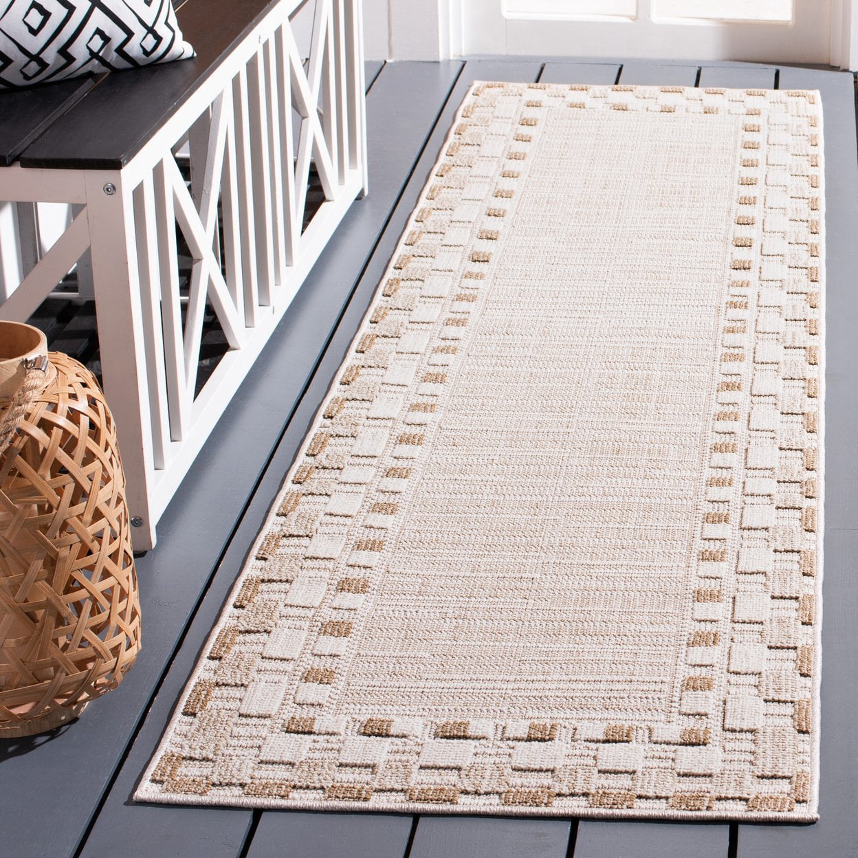 SAFAVIEH Global Daley Bordered Indoor/Outdoor Runner Rug, Beige/Light Beige, 2'2" x 8'