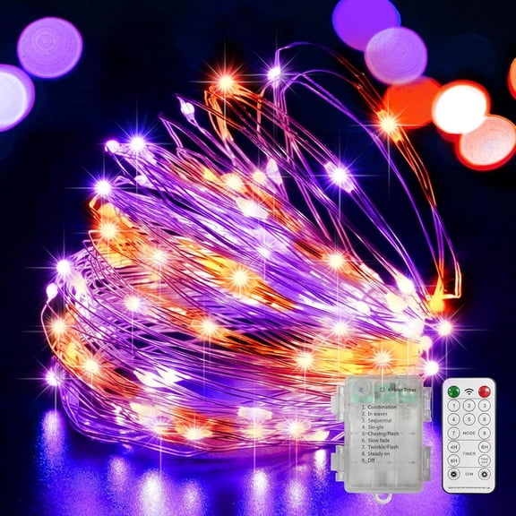 LAMPHOME Purple & Orange Copper Wire Fairy Lights with Remote - 100 LEDs, Waterproof Battery Operated, for Halloween & Spooky Decor