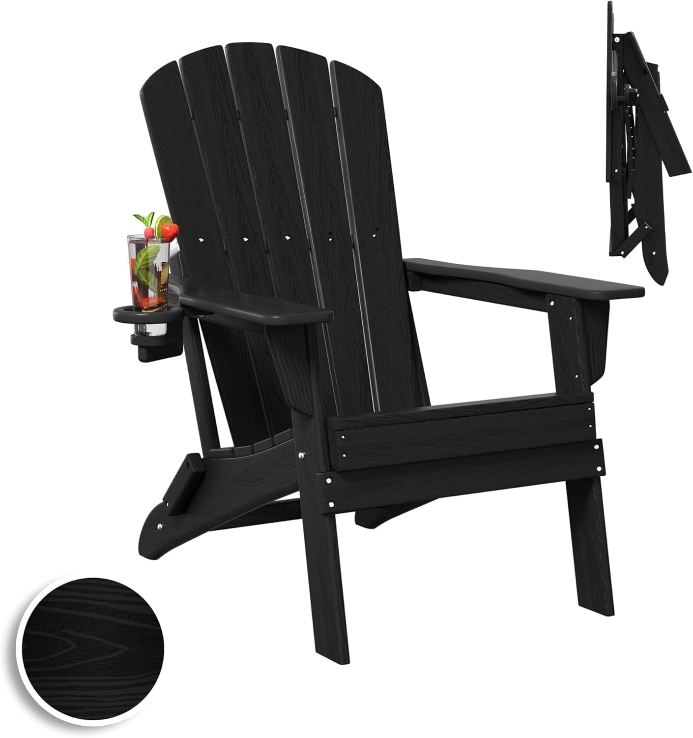 HDPE Folding Adirondack Chair with Cup Holder,Weather-Resistant, Low Maintenance,Supports up to 400lbs,Black