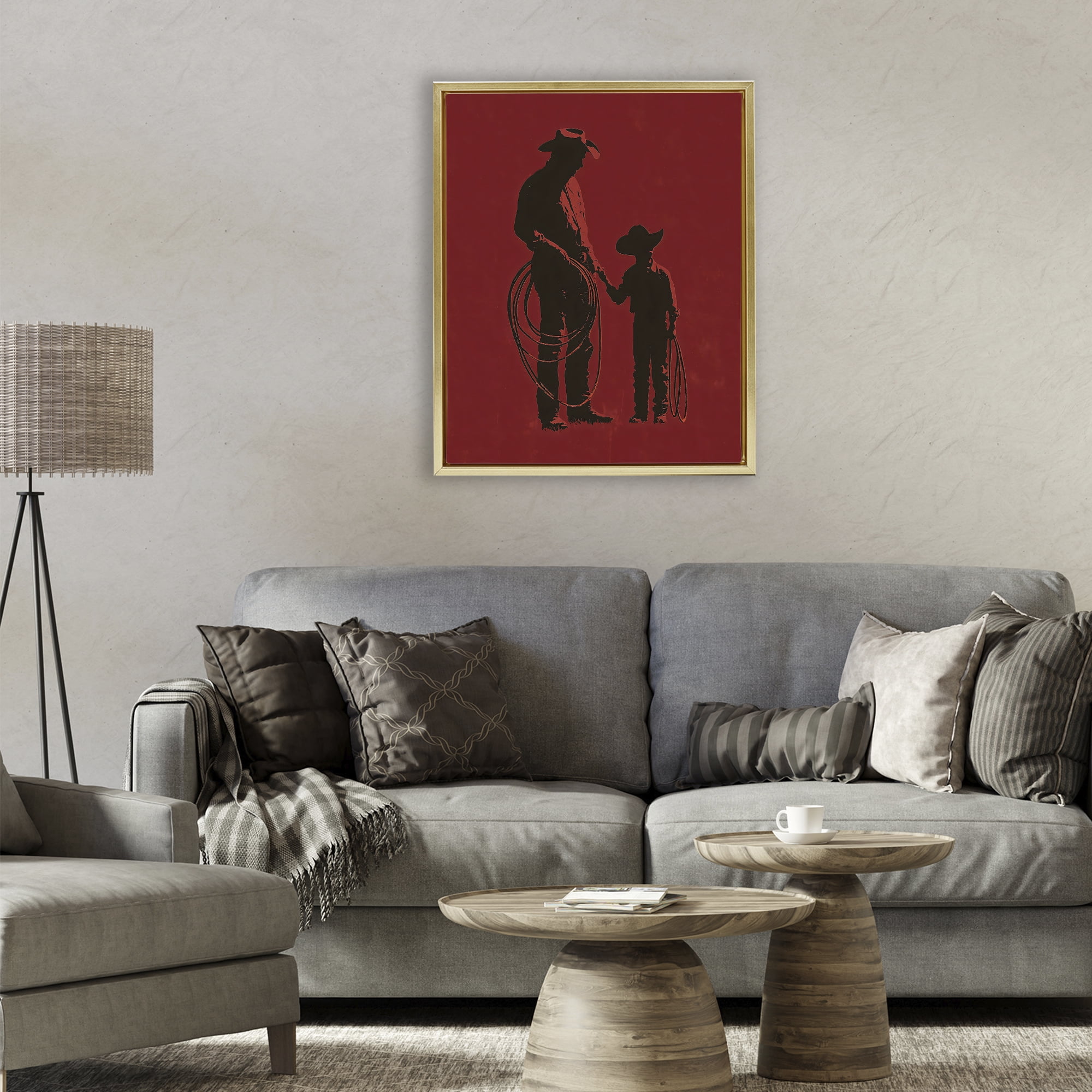 Burgundy Cowboy Father & Son Gold Framed Floater Canvas Wall Art, design by Arlington Prints