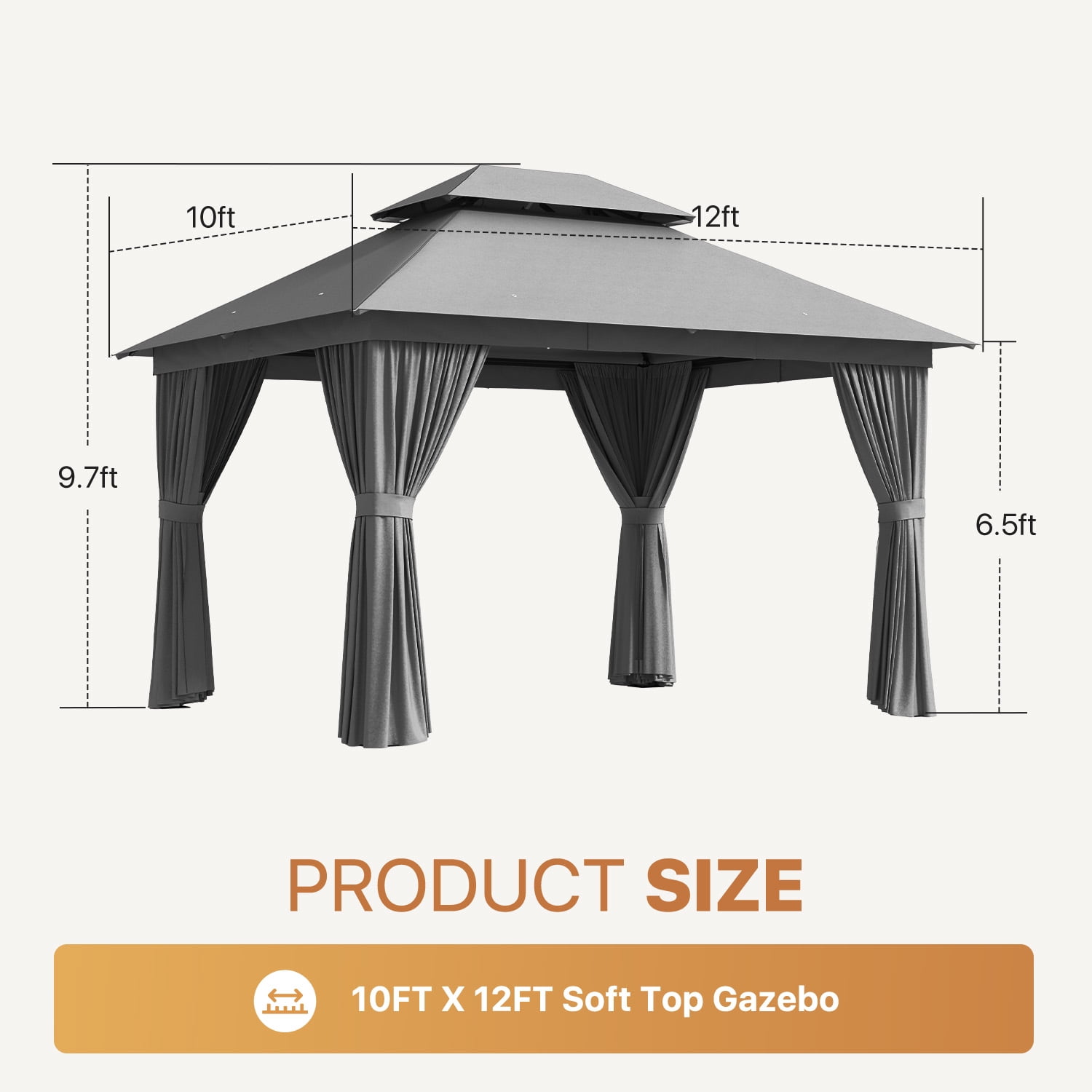 BaPiPro 10'x12' Patio Gazebo, Heavy Duty Double Roof Outdoor Canopy Tent, Mosquito Netting & Sidewall Curtains Included, UV/Wind Resistant Shelter for Garden, Deck, Backyard (Gray)