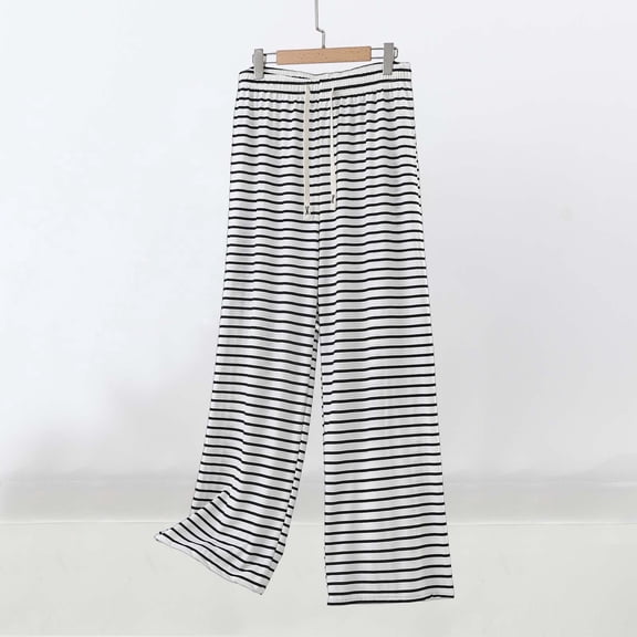 JUSLIO Women Pants Striped Drawstring Elastic Waist Fashion Casual Pants