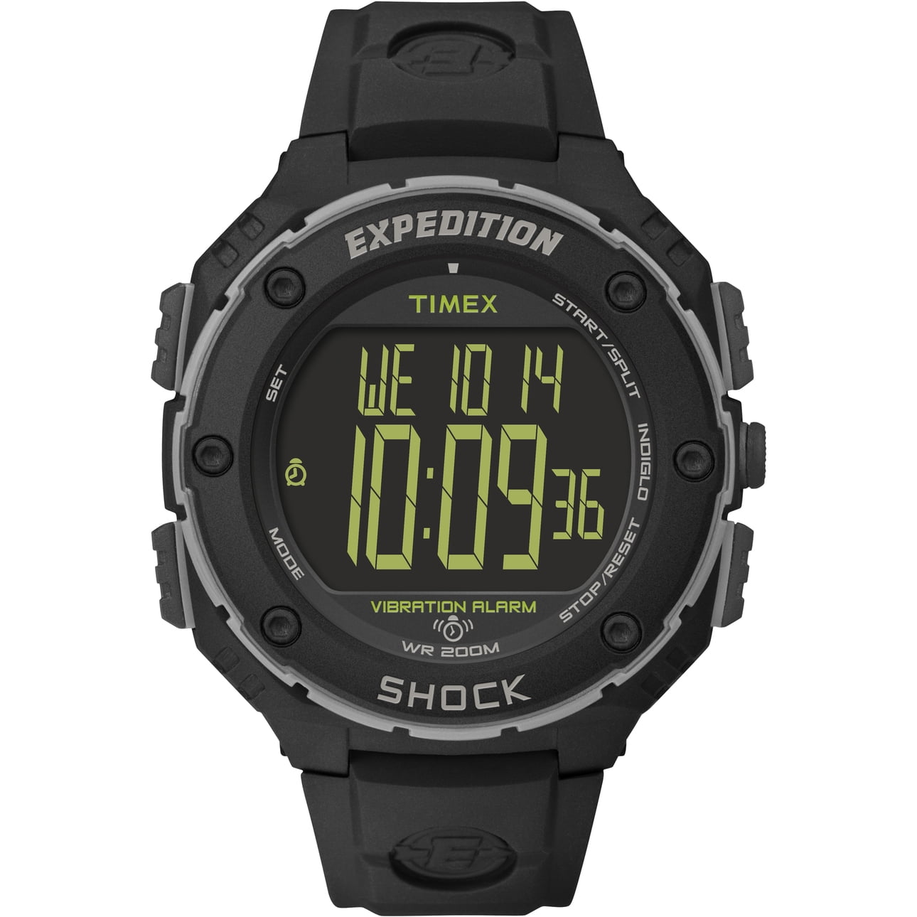 Timex Men's Expedition Shock XL Vibrating Alarm 50mm Watch – Black Case Negative Display with Black Resin Strap