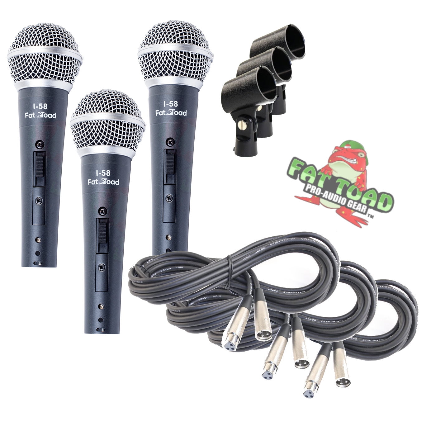 Dynamic Vocal Microphones with XLR Mic Cables & Clips (3 Pack) by FAT