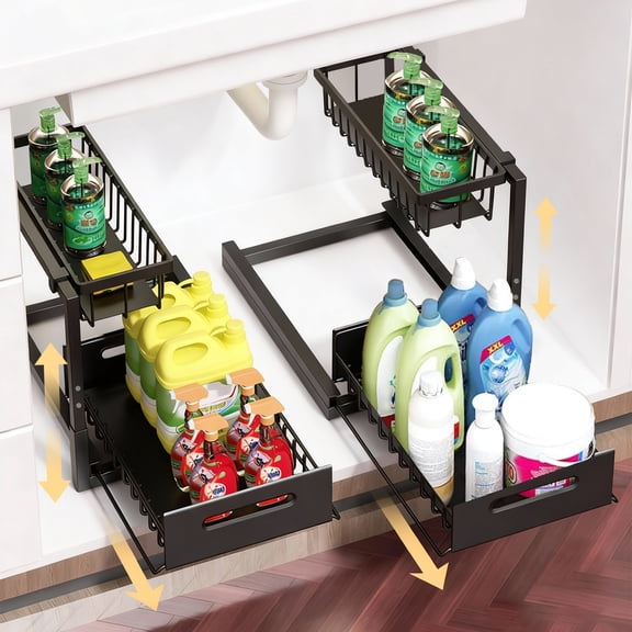 NUNET 2 Pack Under Sink Organizer, Height Adjustable Pull Out Cabinet Shelf, Heavy Duty Metal Sliding Drawer, Rust-Resistant Storage for Kitchen Bathroom Pantry, Fits Tall Bottles and Plumbing P-Traps