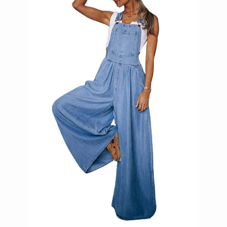 Reduce Plus Size MIARHB Ladies Loose Side Pocket Sleeveless Denim Overalls Dark Blue M
