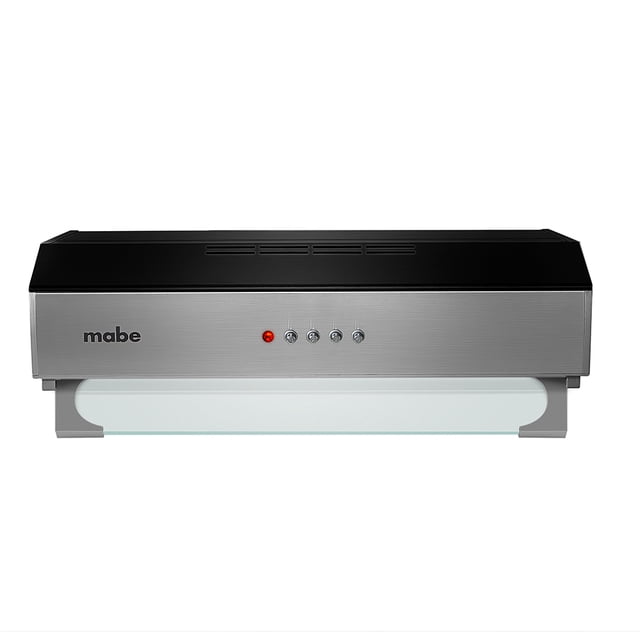 campana de empotre mabe 60 cm acero inoxidable cm6042ai Mabe 60 cm empotrable en acero inoxidable, vista frontal; frente cepillado con tapa negra, cuatro controles push con luz indicadora roja; filtro de aluminio lavable y filtro de carbón activado visibles, iluminación incandescente y 3 niveles de extracción (200 m3/hr), adecuada para reducir grasa, humo y olores.