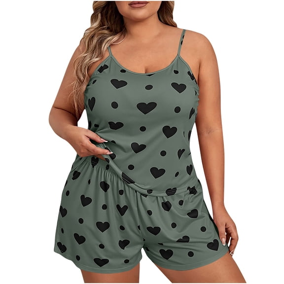 Plus Size Pajama Set for Women Cami Top & Shorts with Pockets, Cute Heart Printed, Soft Comfortable