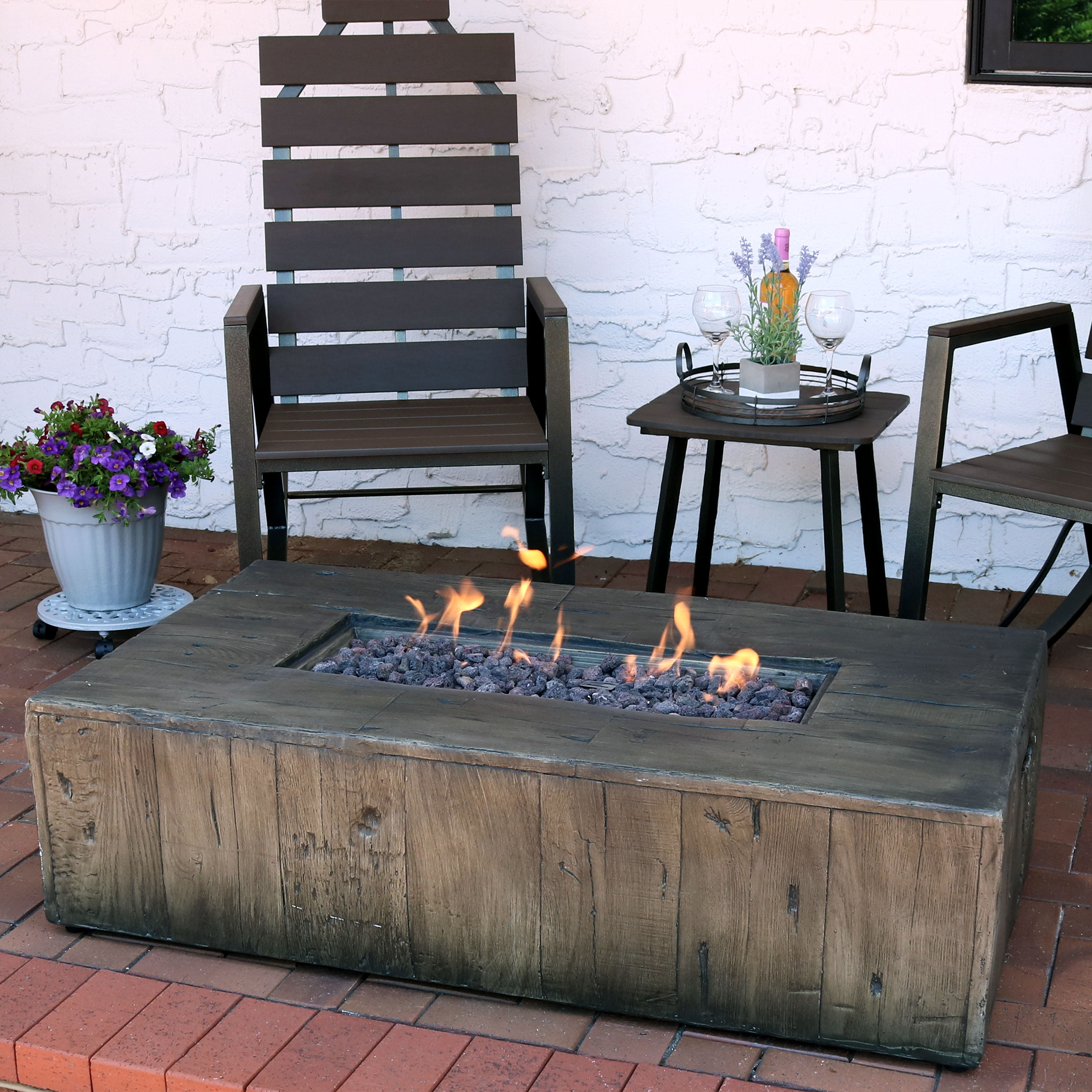 Sunnydaze Rustic Propane Gas Fire Pit, Propane Fire Pit Table On Wood Deck