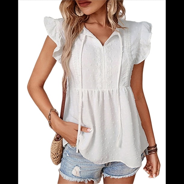 Blusas de Punto de Verano para Mujer 2025, con Cuello Redondo Calado, Lindas Blusas de Corta con Volantes para Mujer. L