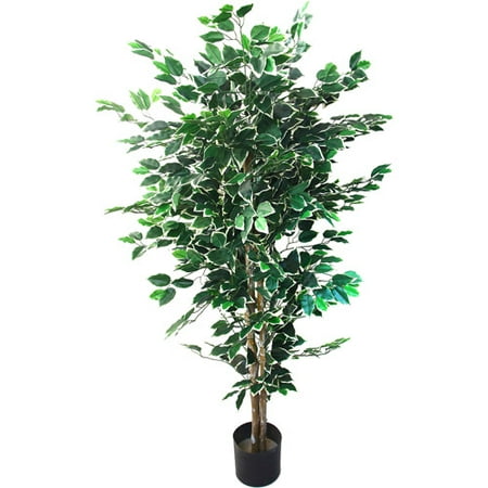 Artificial Ficus Tree with Variegated Leaves and Natural Trunk, Beautiful Fake Plant for Indoor-Outdoor Home D ©cor-5 ft. Tall Topiary by Pure Garden