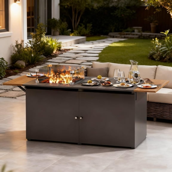 NIAIZEK 64 Inch Black Propane Fire Pit Table with Lid 55000 Gas Fire Pits for Outside Patio with Glass Wind Guard Gray Glass Beads