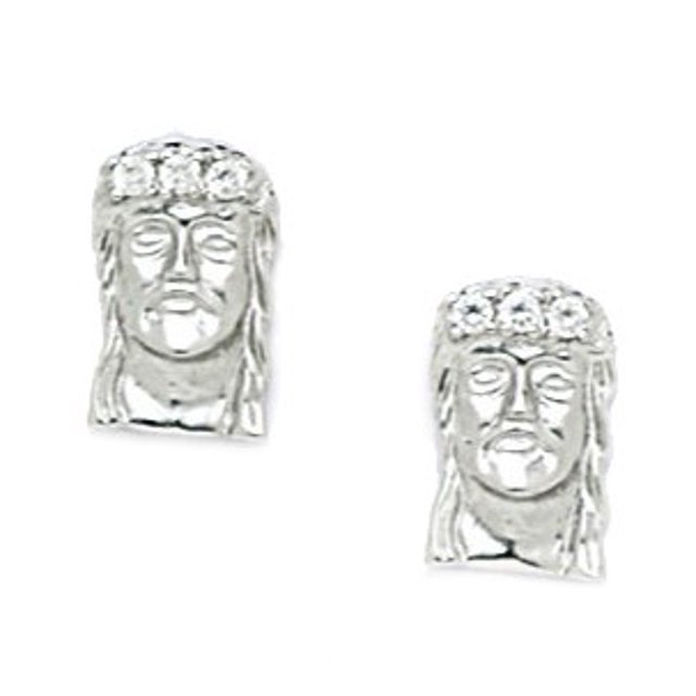 925 Sterling Silver Rhodium Plated CZ Cubic Zirconia Simulated Diamond Religious Faith Inspiration Jesus Face Screw Back