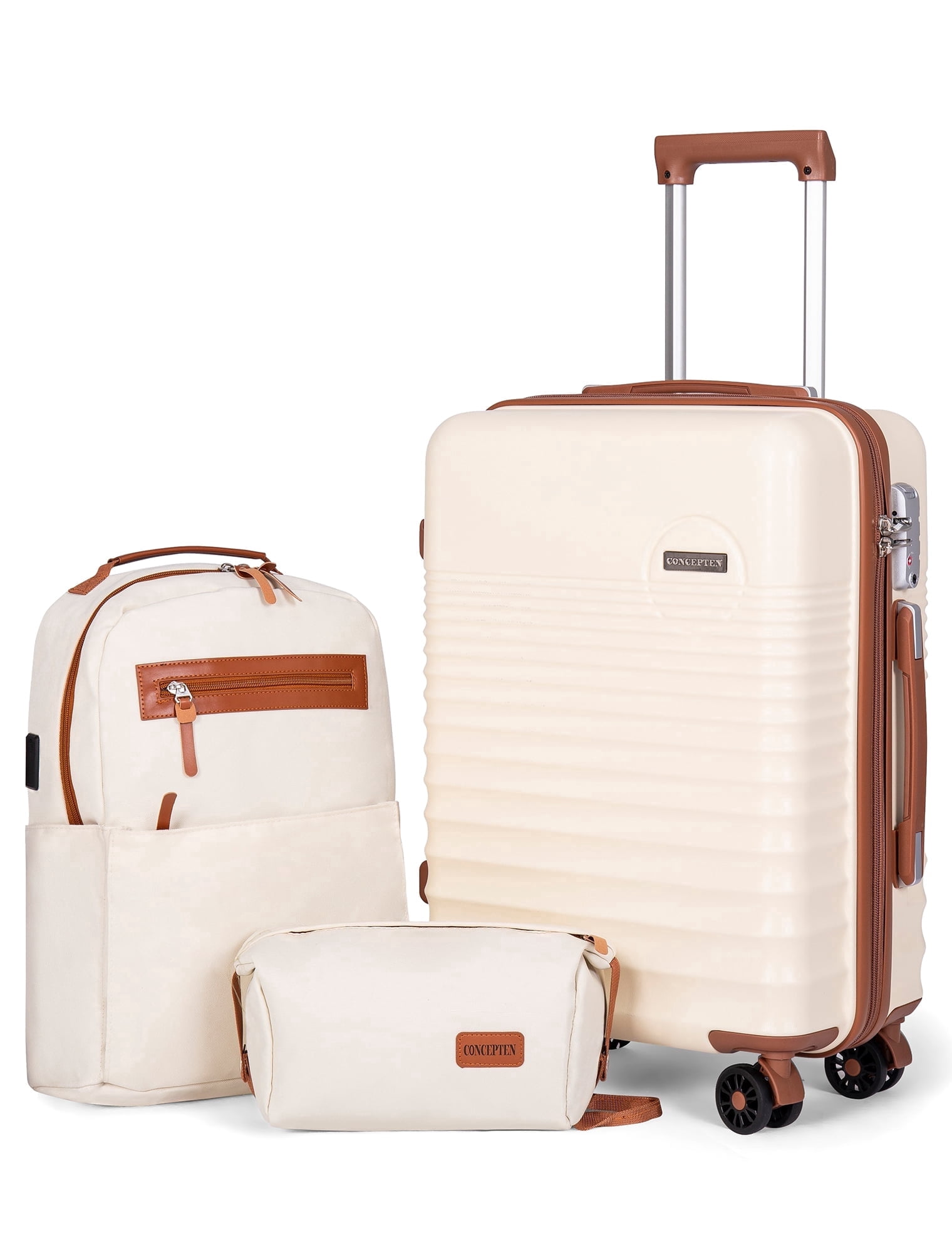 CONCEPTEN 3-Piece Carry on Luggage Set, 20 Inch Airline Approved Hardshell Suitcase with Spinner Wheels, Lightweight ABS Travel Luggage with TSA Lock, Backpack & Toiletry Bag,Beige