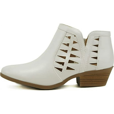 

Soda Chance Off White Perforated Cut Out Stacked Block Heel Ankle Booties (Off White 6)