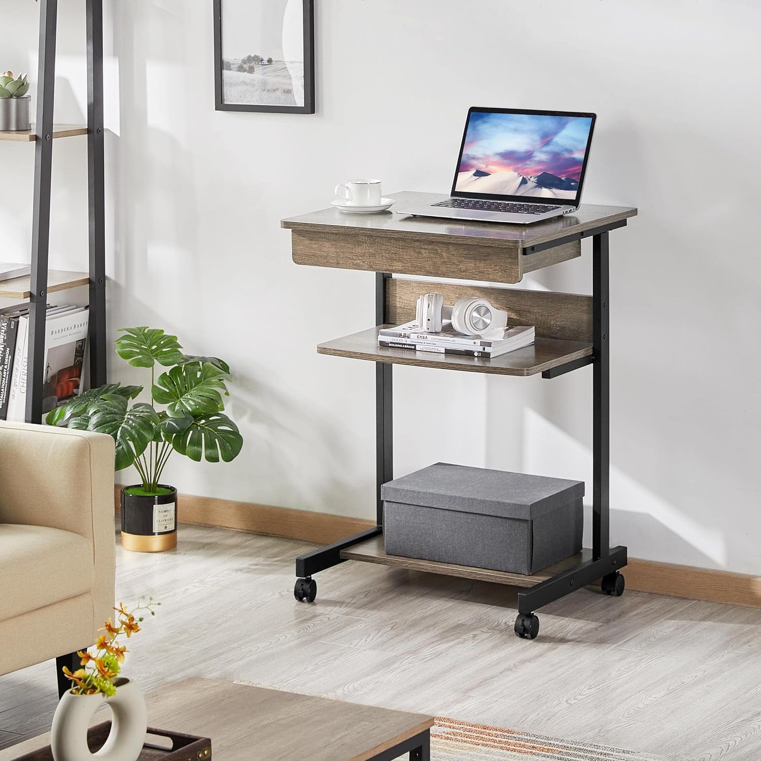 NIUMU Small Rolling Computer Desk with Storage Drawer, Rolling Home Office Computer Desk with Keyboard Tray, Laptop Desk with Wheels and Drawer, Taupe Wood