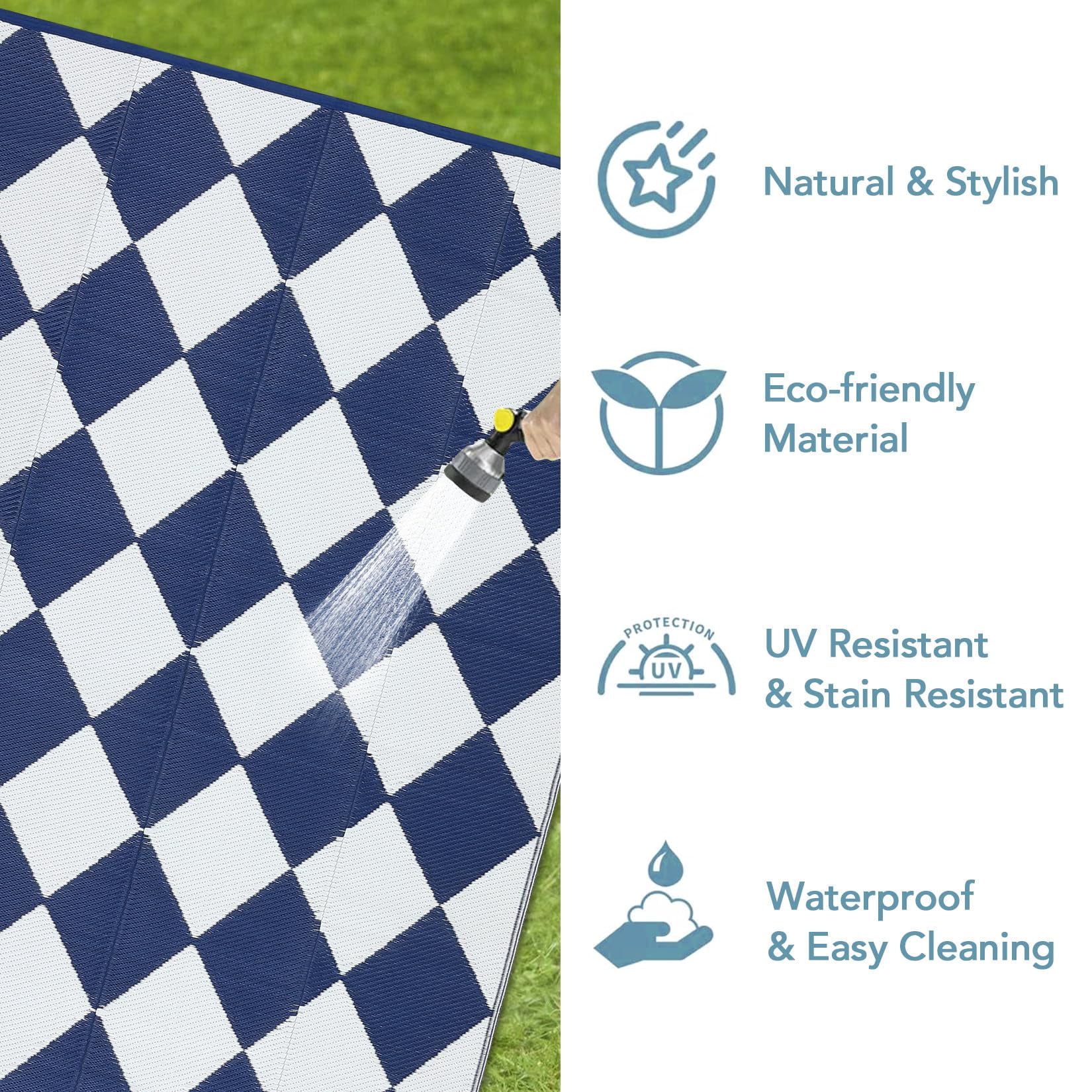 Volkmi Outdoor Rug–Waterproof Reversible Plastic Straw Patio Mat, Modern Geometric & Checkered, Easy Clean, Collapsible with Carry Bag, Navy/White, for Camping, Beach – 9*12ft