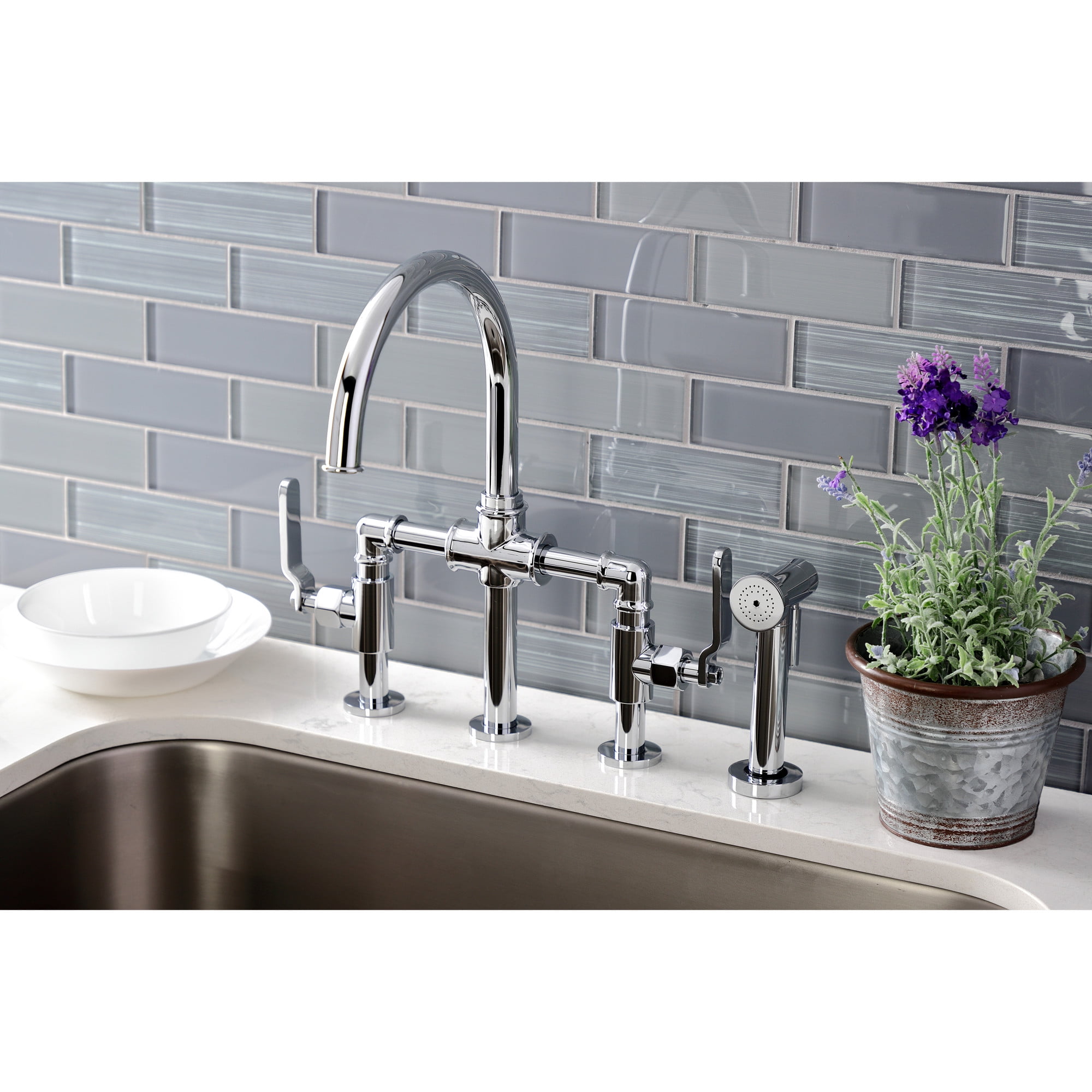 Kingston Brass KS2331KL Whitaker Two-Handle 4-Hole Deck Mount Industrial Style Bridge Kitchen Faucet with Brass Side Sprayer in Polished Chrome