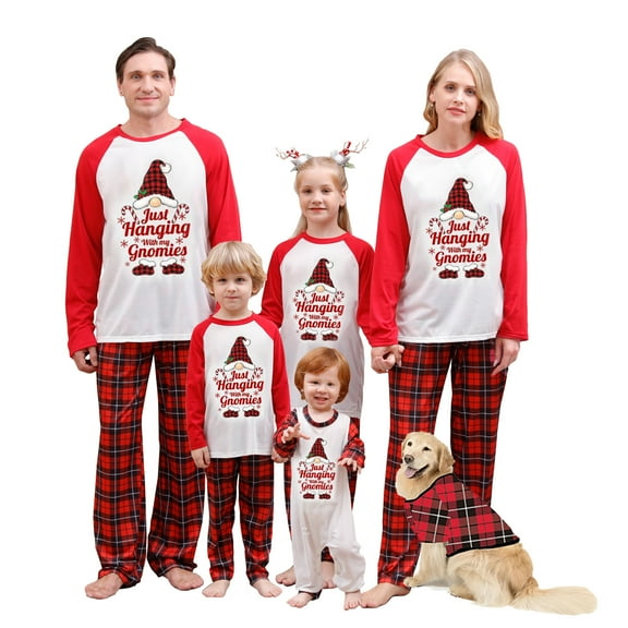 Elippeo Family Matching Christmas Pajamas, Letter  Gnome Hat Print Long-Sleeved Tops   Plaid Trousers Sleepwear Outfits
