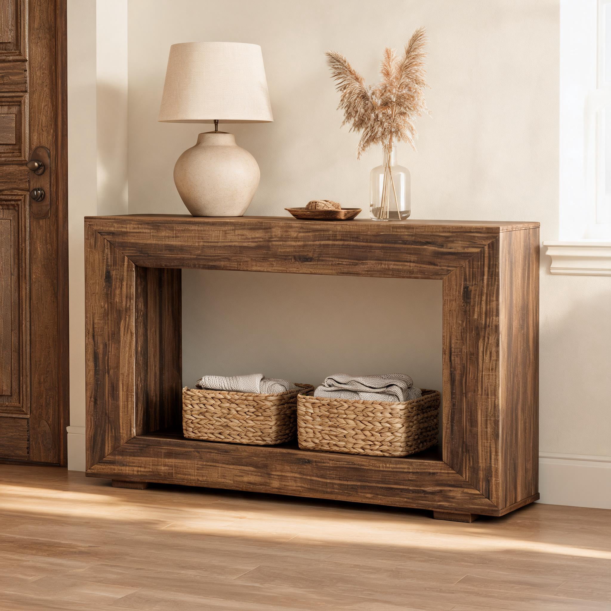 Farmhouse Rustic Wood Grain Console Table - 47.2" with Storage, Versatile Entryway/Sofa Table, Durable Particleboard for Living Room, Foyer