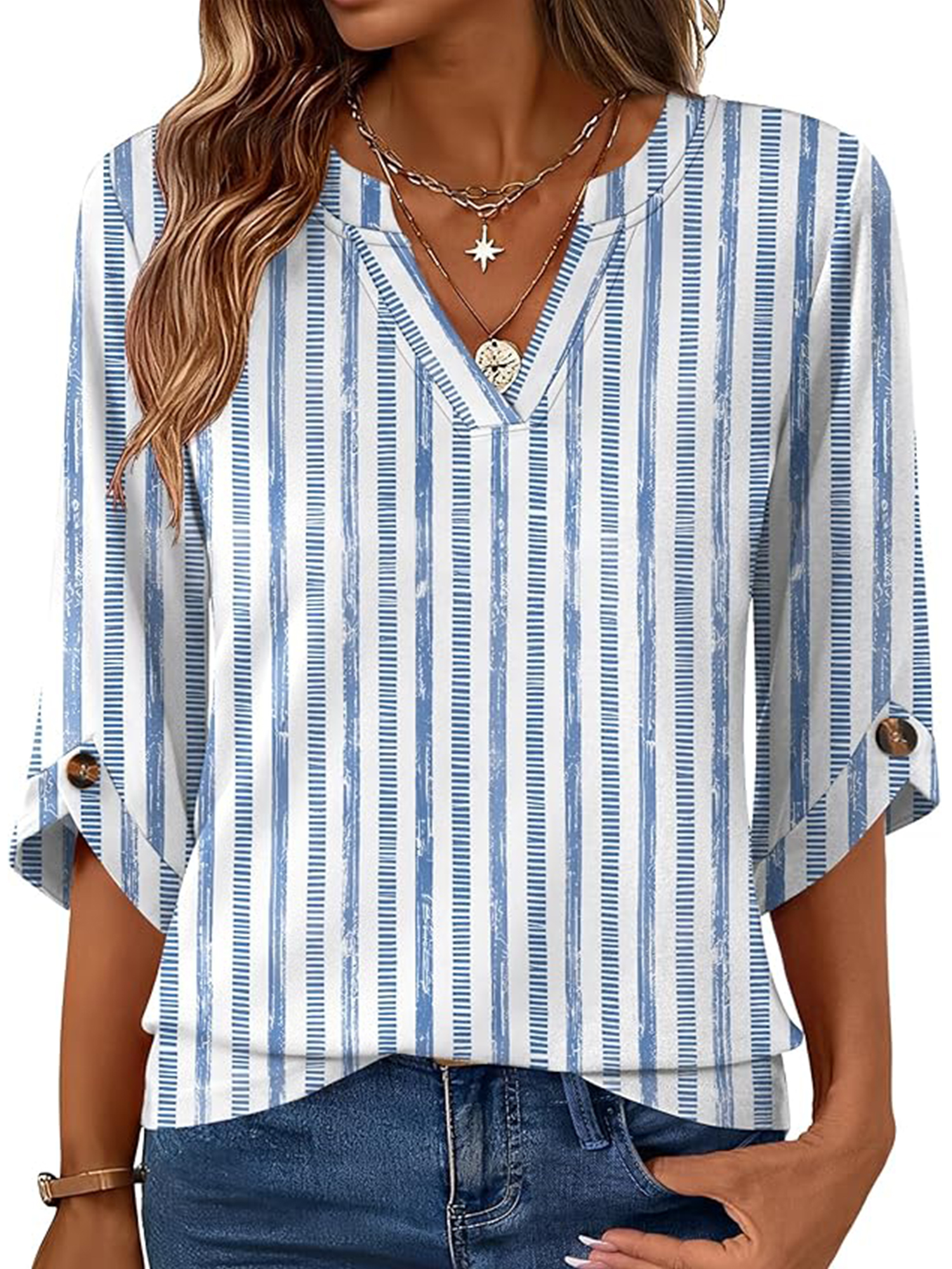 VDJ Womens Tunic Tops 3/4 Length Sleeve Dressy Casual V Neck Shirts Business Work Striped Printed Flowy Tee Clothes Size XL