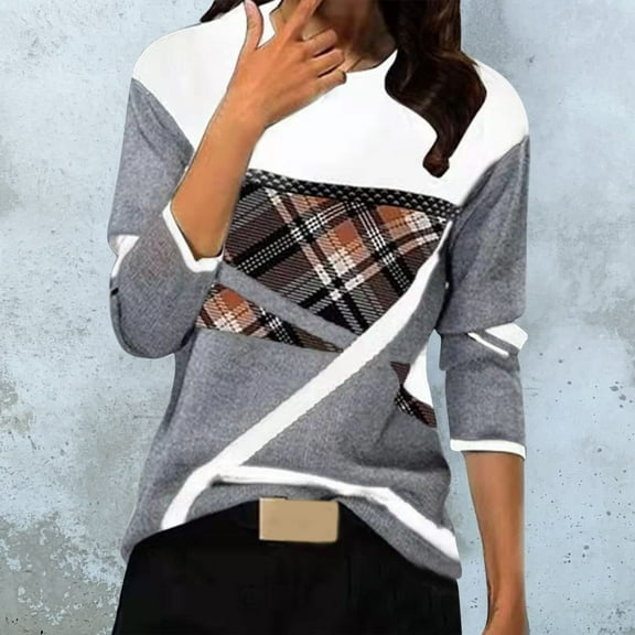 womens Tops for $5 Tops For Women Women Casual Print Round Neck Patchwork Pullover Long Sleeve Blouse T-Shirt Tops