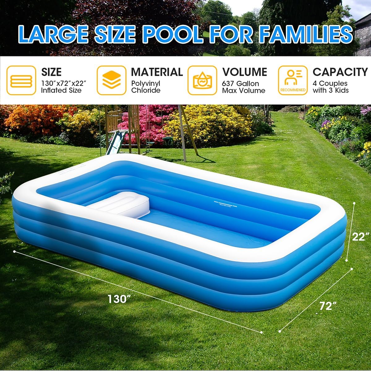 Large Inflatable Pool with Seats for Adults 130 x 72 x22 Full Size Family Blow Up Pool Oversized Thickened above Ground Swimming Pool with Pump for Backyard Home Garden Lawn Indoor Outdoor