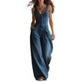 thumbnail image 2 of Kctiaxy Jeans for Women V Neck Button Tank Denim Jumpsuit Solid Fashion Summer Casual Wide Leg Pants, 2 of 6