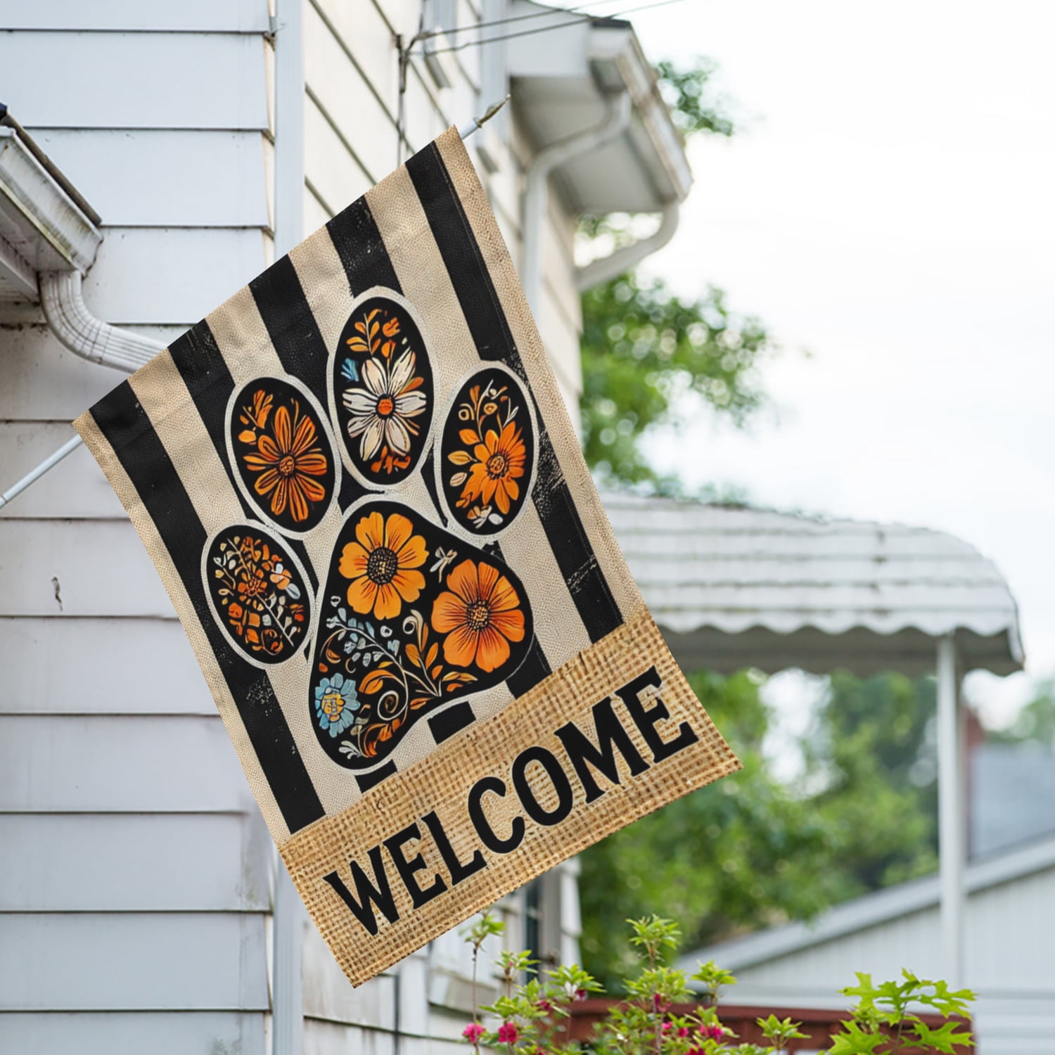 America Forever Floral Paw Print Welcome House Flag, 28 x 40 inch Double Sided, Paws Yard Decor, Animal Lovers Gift Ideas, Purr Pets Outdoor Decorative for Lawn and House DÃ©cor