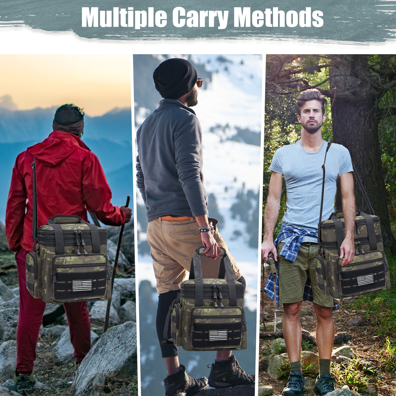 Holuxer Large Lunch Boxes for Men/Adults, Double Deck Expandable Camping Lunch Bag for Work Travel Daytrip Picnic Outdoor, Insulated Leakproof Cooler Bags with Flag Adjustable Shoulder Strap Camo