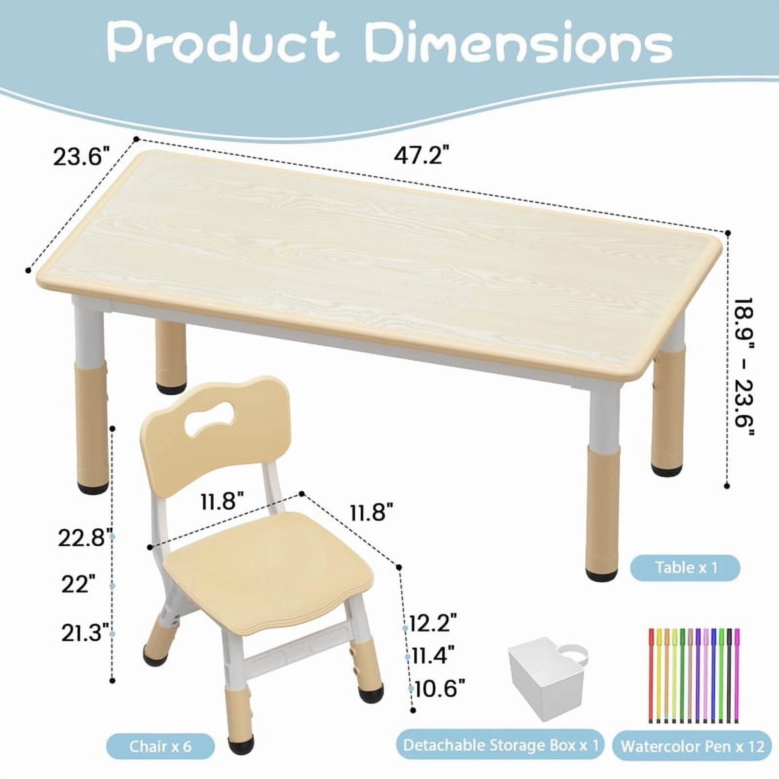 Towallmark 47.2" x 23.6" Kids Table and 6 Chairs Set, Adjustable Height Childrens Table Set for Ages 3-10, Toddler Activity Table with Graffiti Top, Non Slip Legs, 300Lbs Capacity