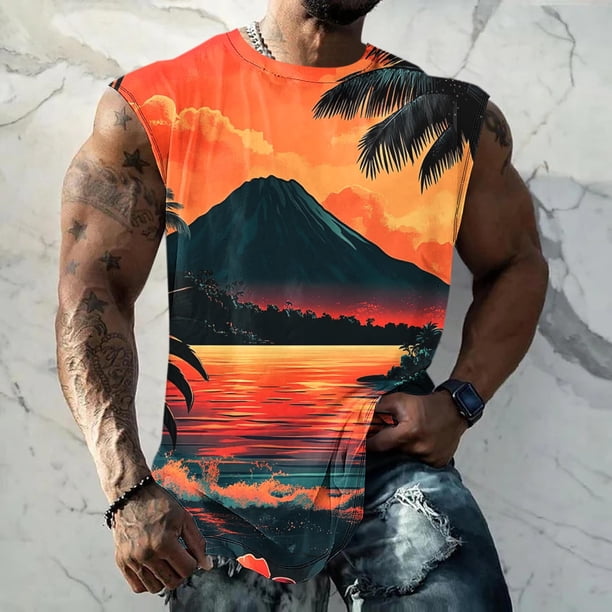 Camiseta sin mangas de cuello redondo para hombre, informal, a la moda, con estampado, sin mangas, deportiva, con cuello redondo