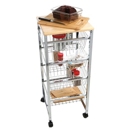 - Mind Reader 4-Tier Wire Basket Cart with Wood Surface