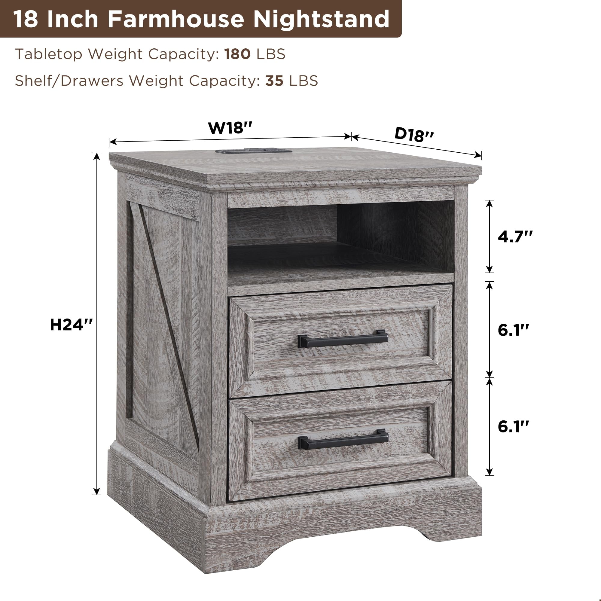 ACCOHOHO 18" Farmhouse Rustic Nightstand with 2 Drawers, Grey