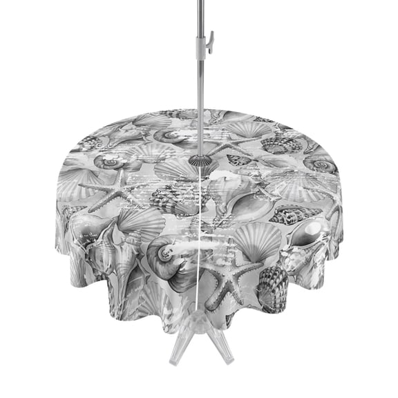 Outdoor Tablecloth with Umbrella Hole for Patio/Picnic/Party/Camping, Gray Coastal Waterproof Table Cloth Round Cover Washable, Summer Beach Starfish Conch Shell Ocean (Dia 60")